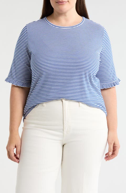 Stripe Frill Sleeve Stretch Cotton Top (Plus)
