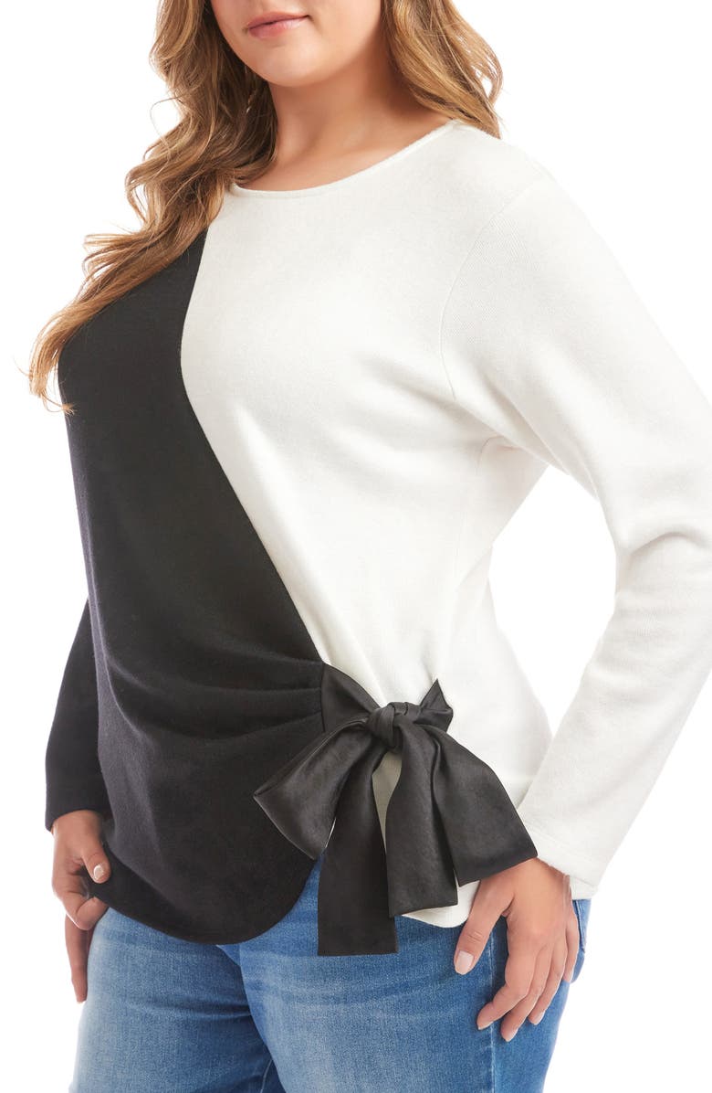 Karen Kane Colorblock Satin Bow Crossover Hem Knit Top, Alternate, color, Black/ Ivory