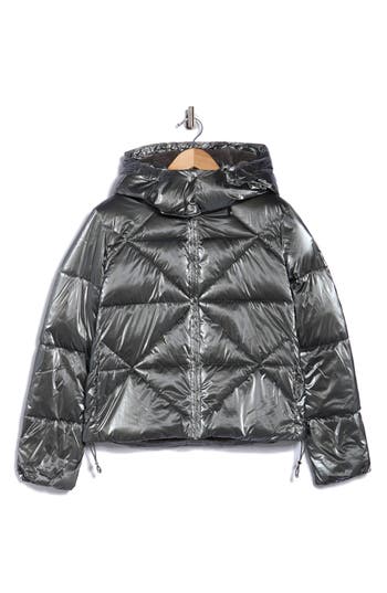 Sam Edelman Faux Shearling Lined Hood Crop Puffer Jacket In Gray