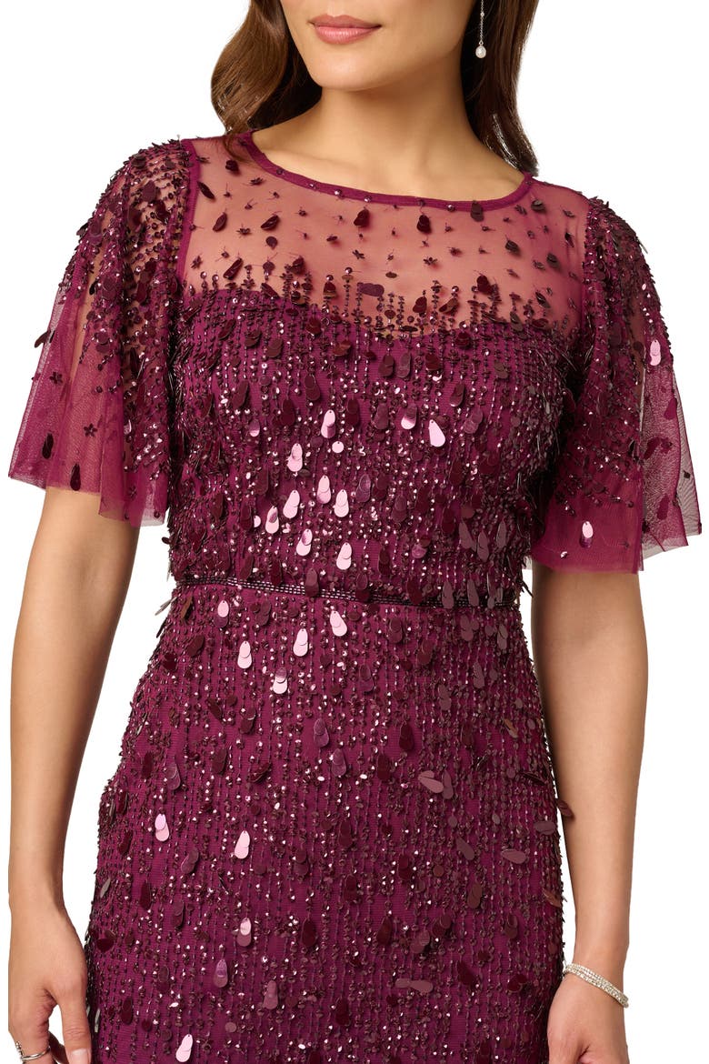Beaded Flutter Sleeve Mesh Cocktail Dress, Alternate, color, BORDEAUX
