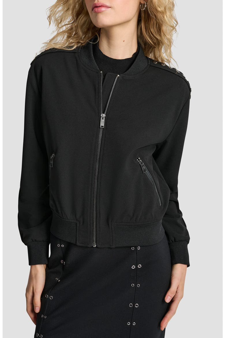 Grommet Trim Scuba Crepe Bomber Jacket, Main, color, BLACK