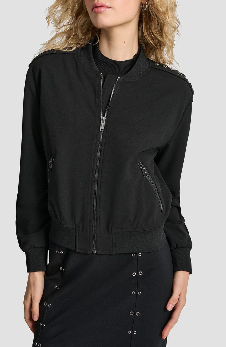 DKNY Grommet Trim Scuba Crepe Bomber Jacket, Main, color, Black