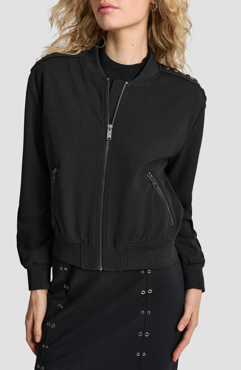 Grommet Trim Scuba Crepe Bomber Jacket