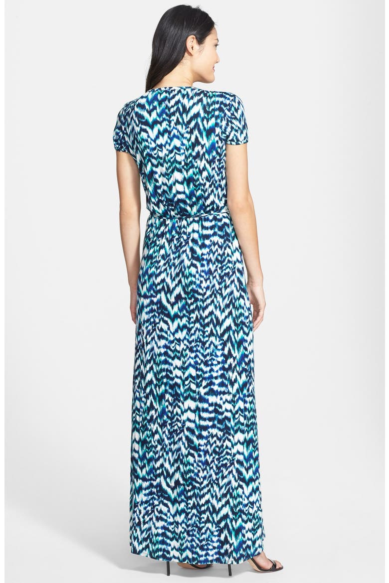 Cap Sleeve Faux Wrap Jersey Maxi Dress, Alternate, color, BLACK/ TURQUOISE PRINT