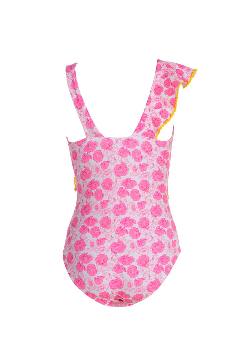 Asymmetrical Ruffle Flower Print with Yellow Belt One-Piece Swimsuit, Alternate, color, Pink