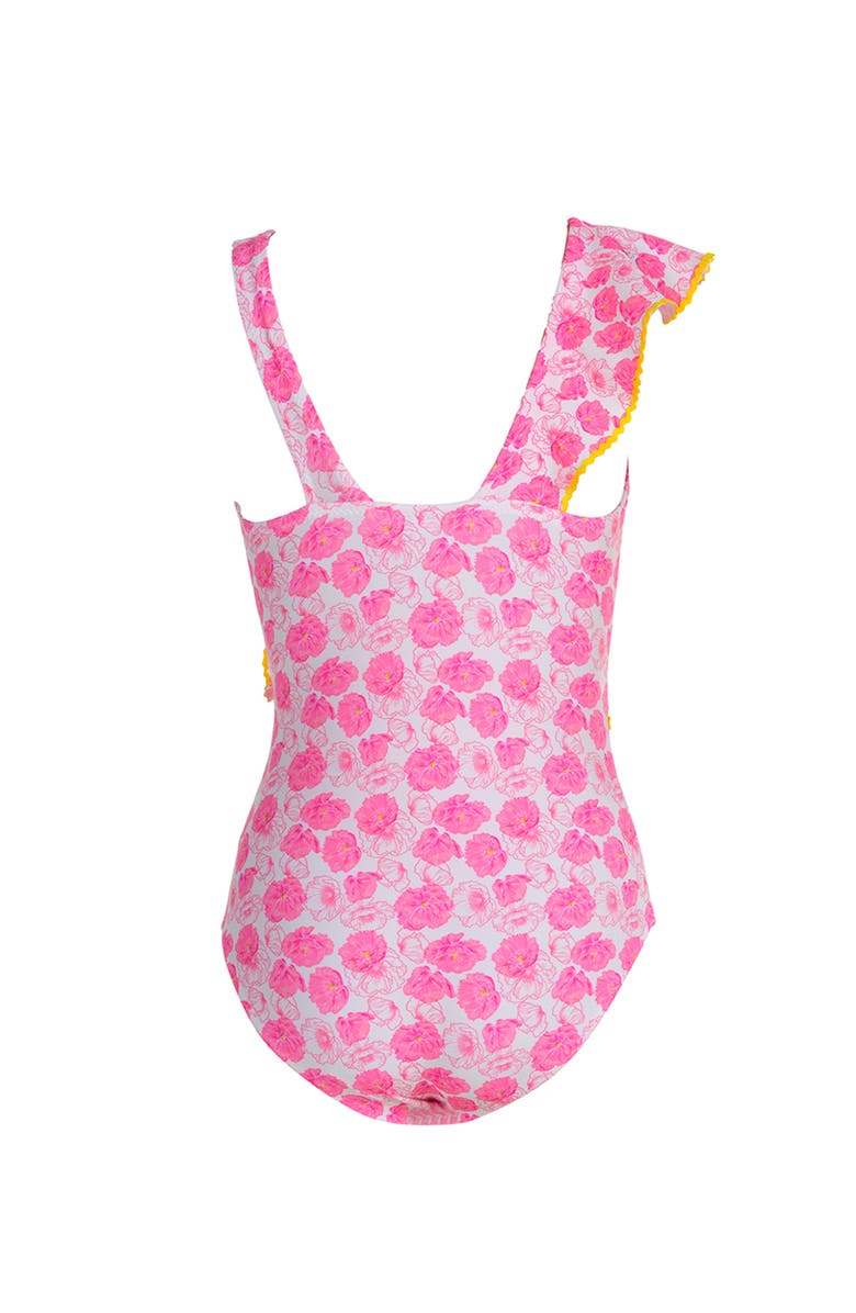 NESSI BYRD Asymmetrical Ruffle Flower Print with Yellow Belt One-Piece Swimsuit, Alternate, color, Pink