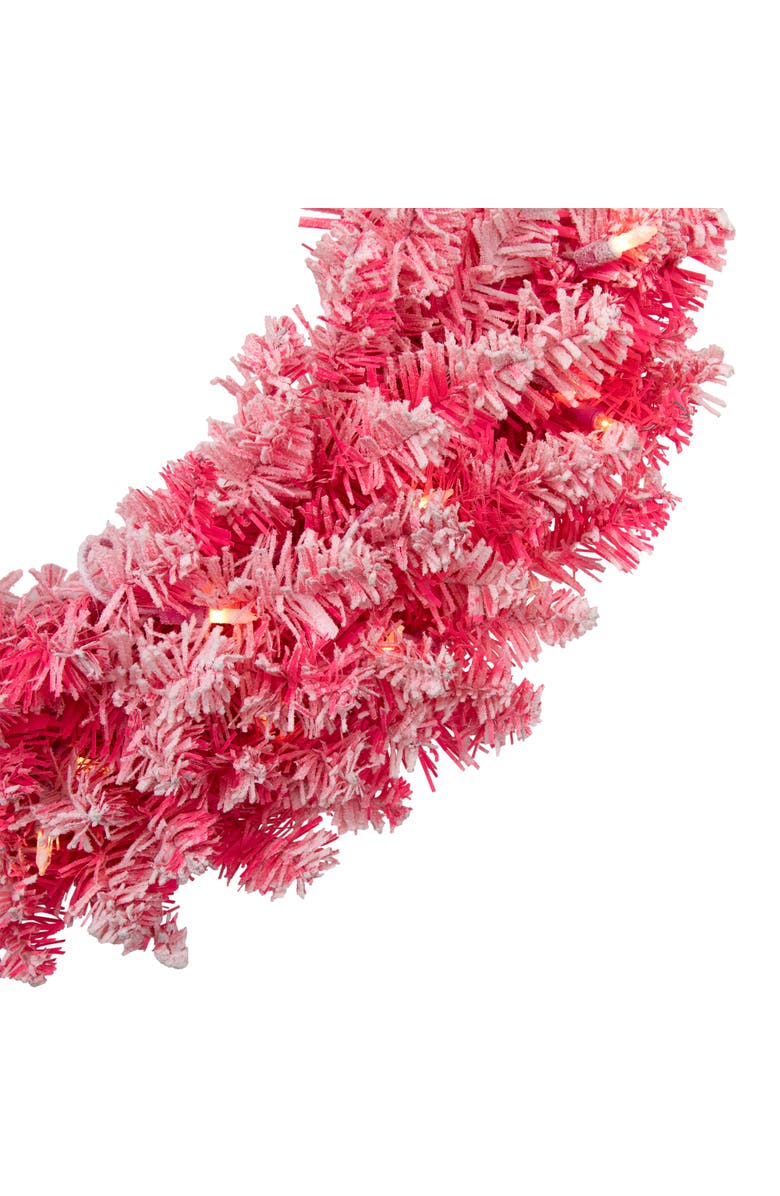 Northlight Pre-Lit Flocked Pink Artificial Christmas Wreath - 24"- Clear Lights, Alternate, color, Pink
