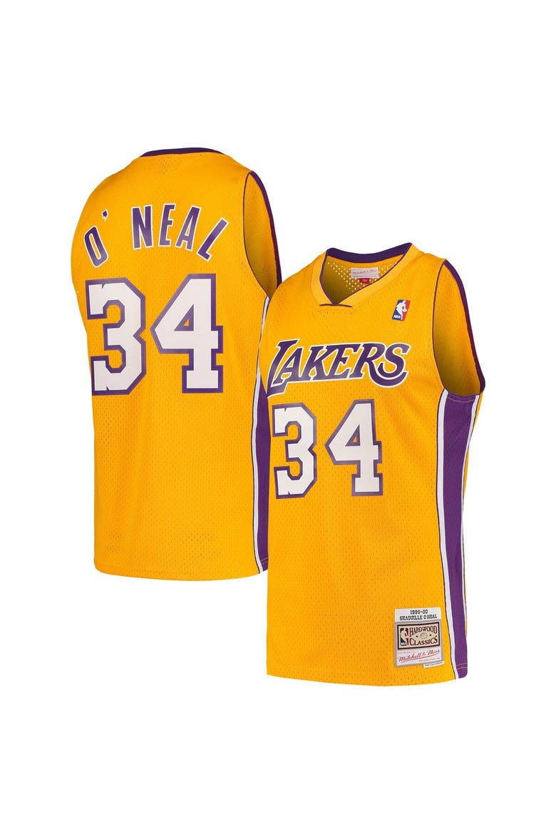 Men's Mitchell & Ness Shaquille O'Neal Gold Los Angeles Lakers Hardwood Classics Swingman Jersey, Alternate, color, Gold