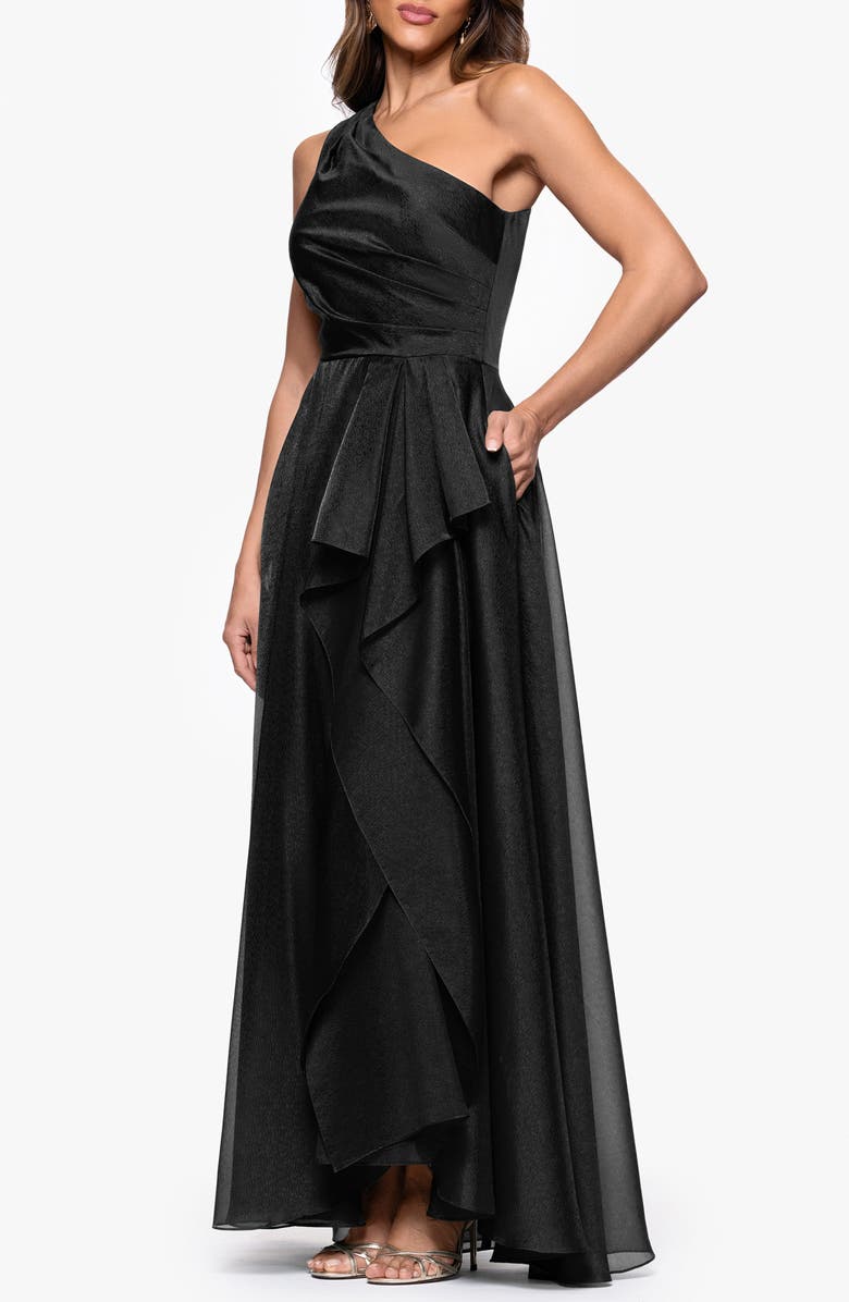 Xscape Evenings One-Shoulder Metallic Organza Gown, Alternate, color, Black