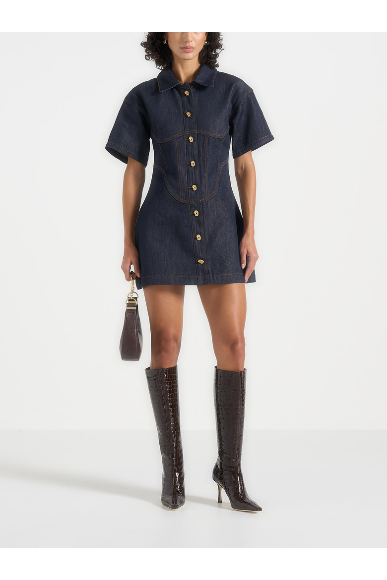 Mathilde Corset Contrast Stitch Denim Dress, Main, color, Indigo