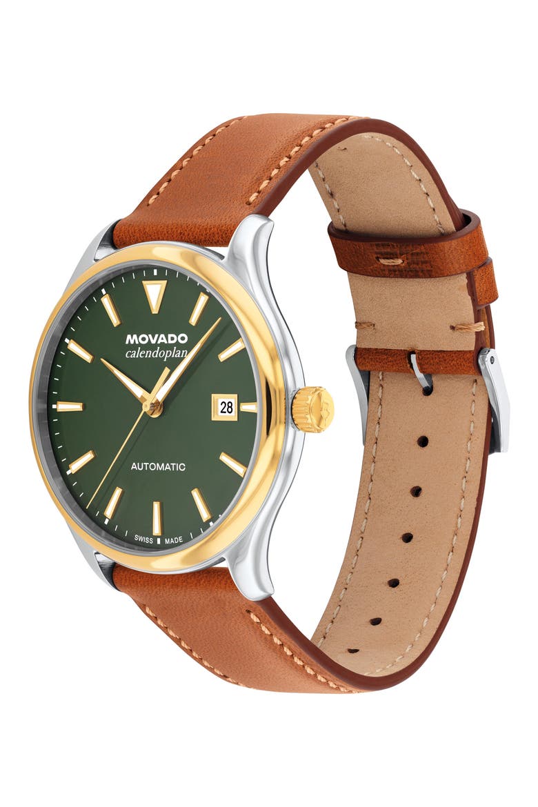 Calendoplan Automatic Leather Strap Watch, 40mm, Alternate, color, GREEN