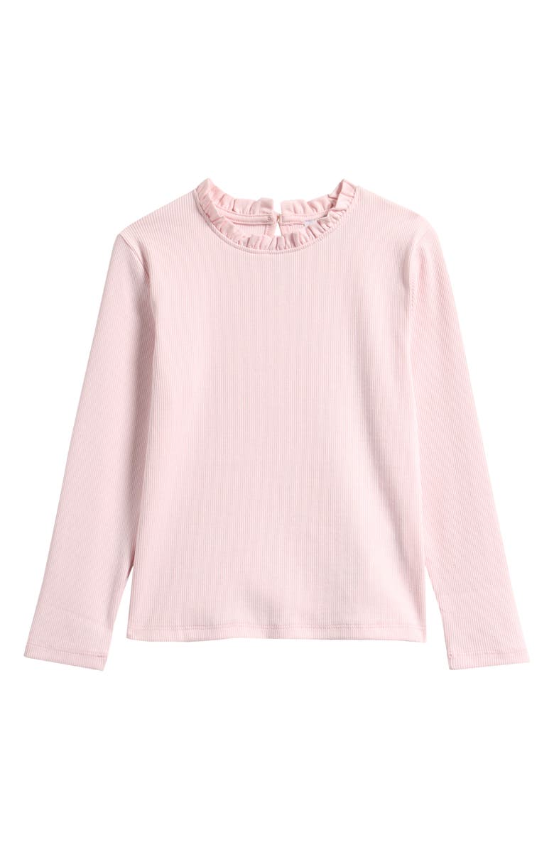 Reiss Kids' Flora Ruffle Neck Long Sleeve Rib T-Shirt, Main, color, Pink
