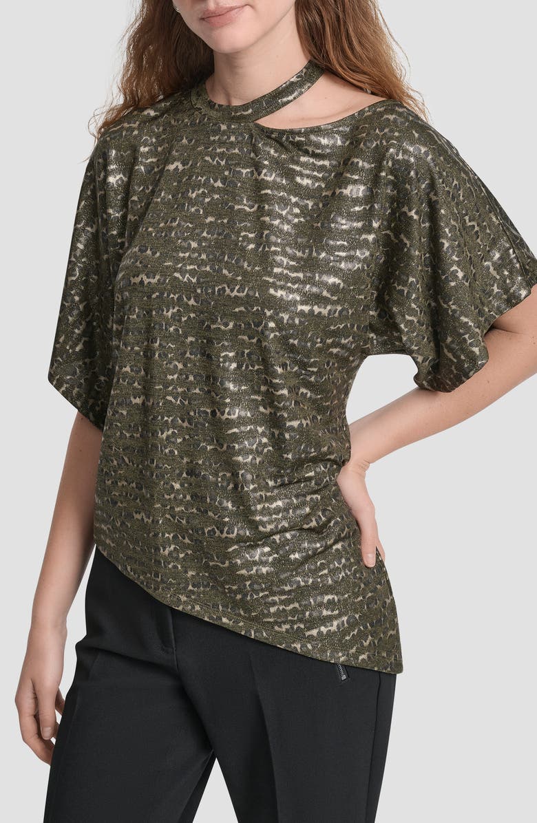 DKNY Foil Print Cutout Top, Main, color, Olive Cheetah