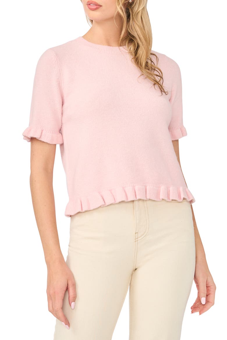 Ruffle Trim Short Sleeve Sweater, Main, color, VEILED PINK