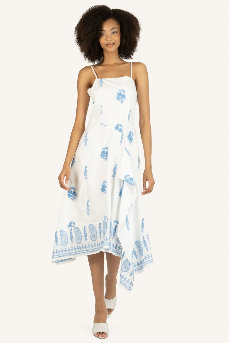 Rosetta Dress, Main, color, Off-White with Blue Embroidery