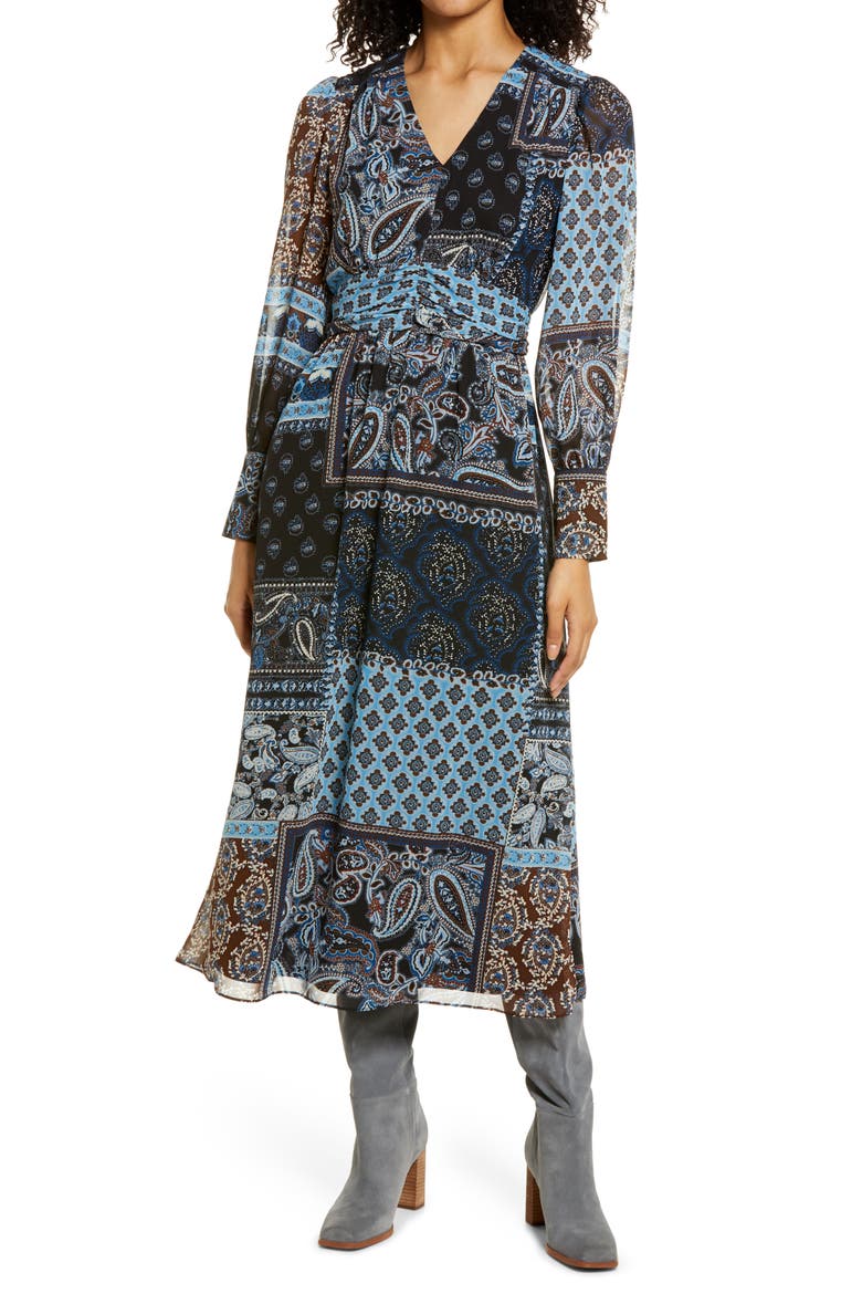 Mixed Scarf Print Long Sleeve Midi Dress, Main, color, NAVY MULTI