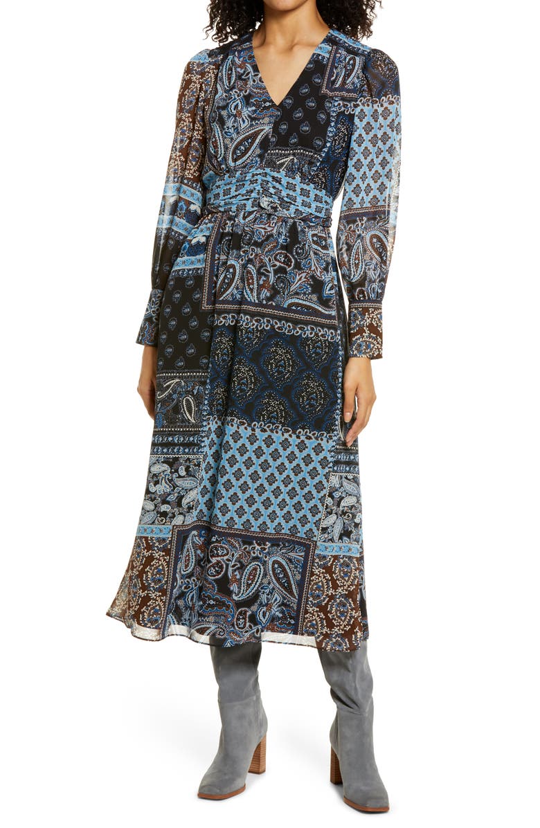 Julia Jordan Mixed Scarf Print Long Sleeve Midi Dress, Main, color,