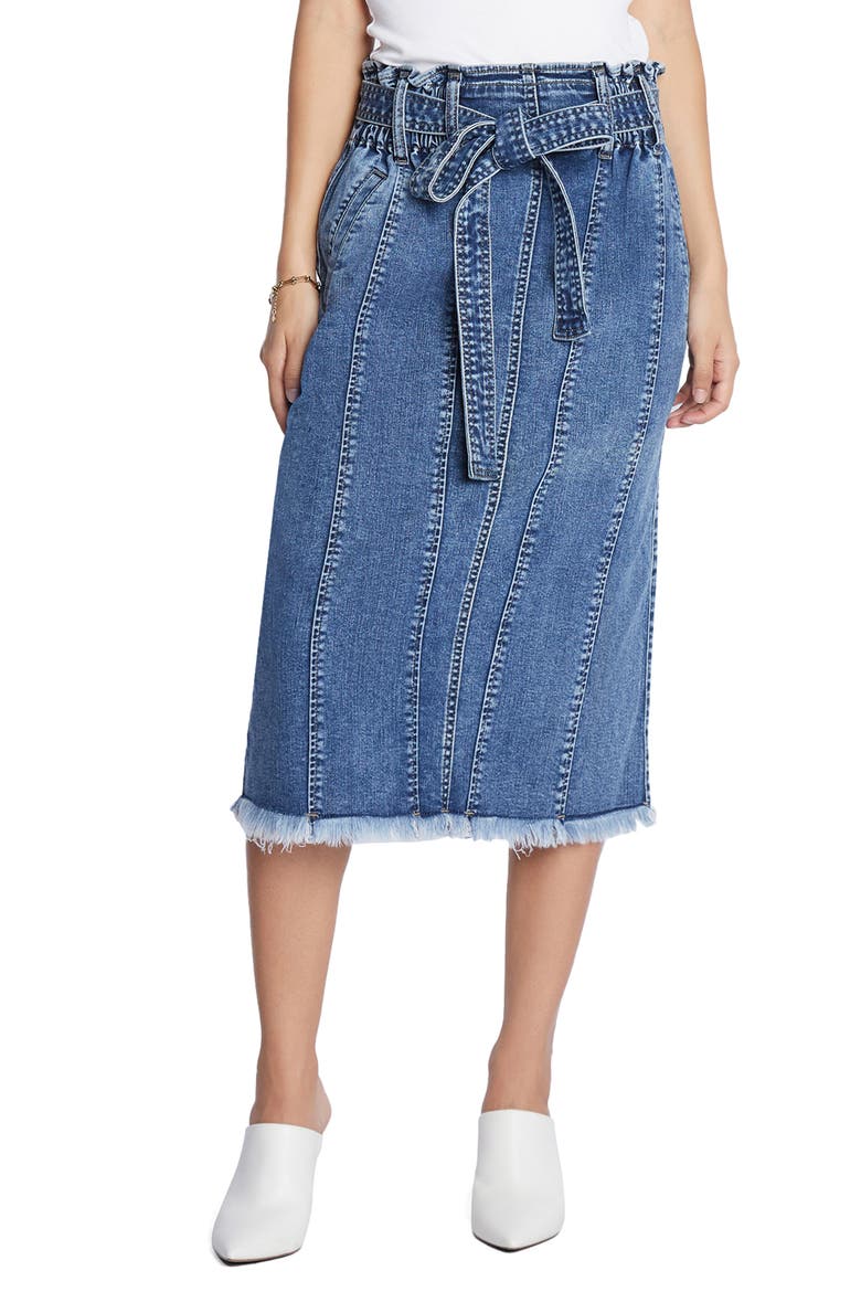 Tie Waist Raw Hem Denim Skirt, Main, color, STORM BLUE