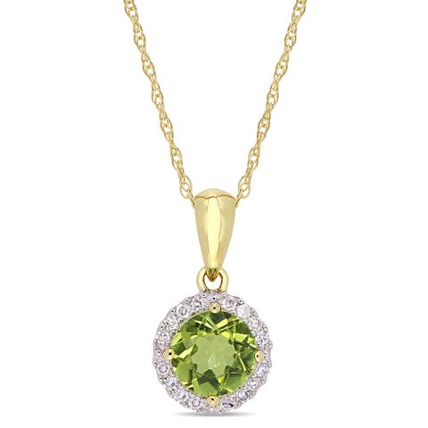 Gemstone & Diamond Halo Necklace 10K