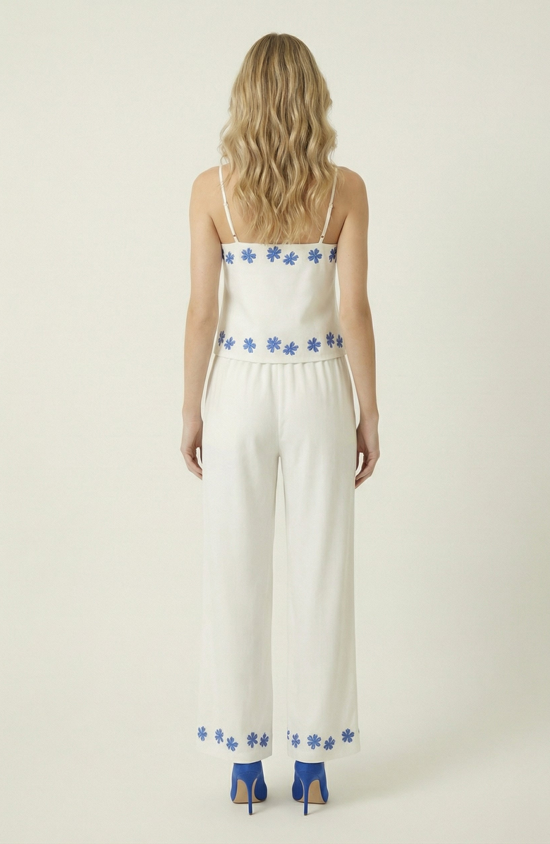 Modenaire Embroidered Camisole and Wide-Leg Pant Set with Floral Hem, Alternate, color, White