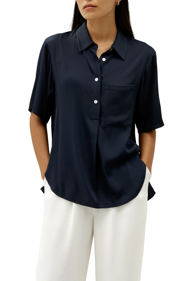Women's Half-Placket Short Sleeve Button Up Streachy Silk Shirt, Main, color, Midnight Blue