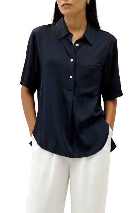 Women's Half-Placket Short Sleeve Button Up Streachy Silk Shirt