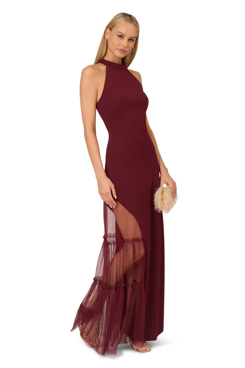 Stretch Mesh & Knit Crepe Gown, Alternate, color, BLACKENED RED