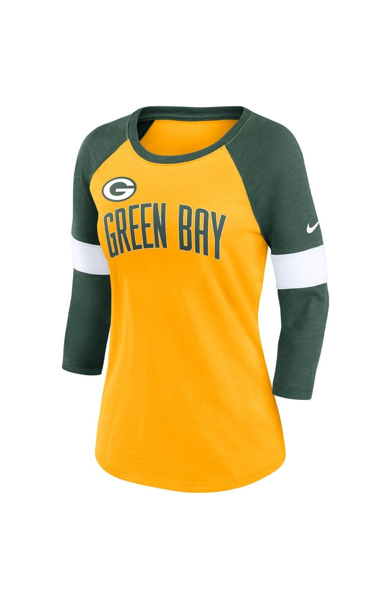 Nike Women's Nike Green Bay Packers Heather Gold/Heather Green Football Pride Raglan 3/4-Sleeve T-Shirt, Alternate, color,