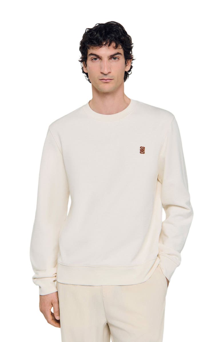 SANDRO Oversized sweatshirt with leather patch, Alternate, color, Butter Cream