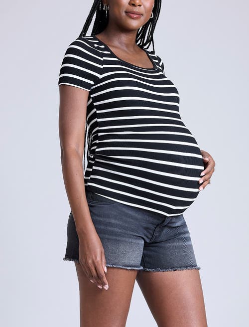 Motherhood Maternity Square Neck Rib Knit Short Sleeve Top In Black & White Stripe