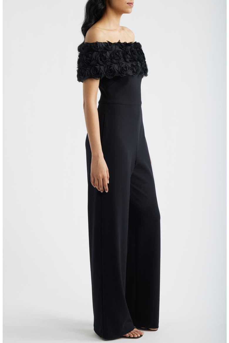 Rosette Off the Shoulder Wide Leg Jumpsuit, Alternate, color, BLACK
