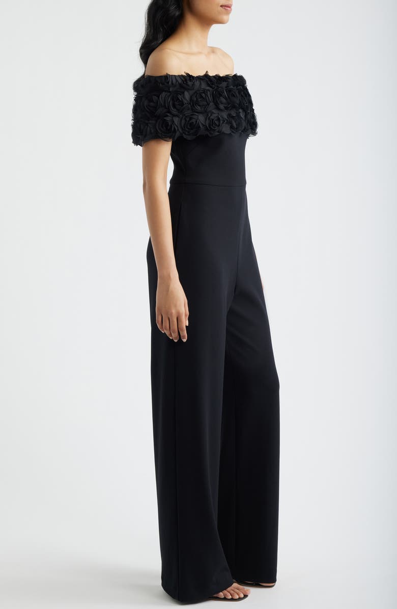 Eliza J Rosette Off the Shoulder Wide Leg Jumpsuit, Alternate, color, Black