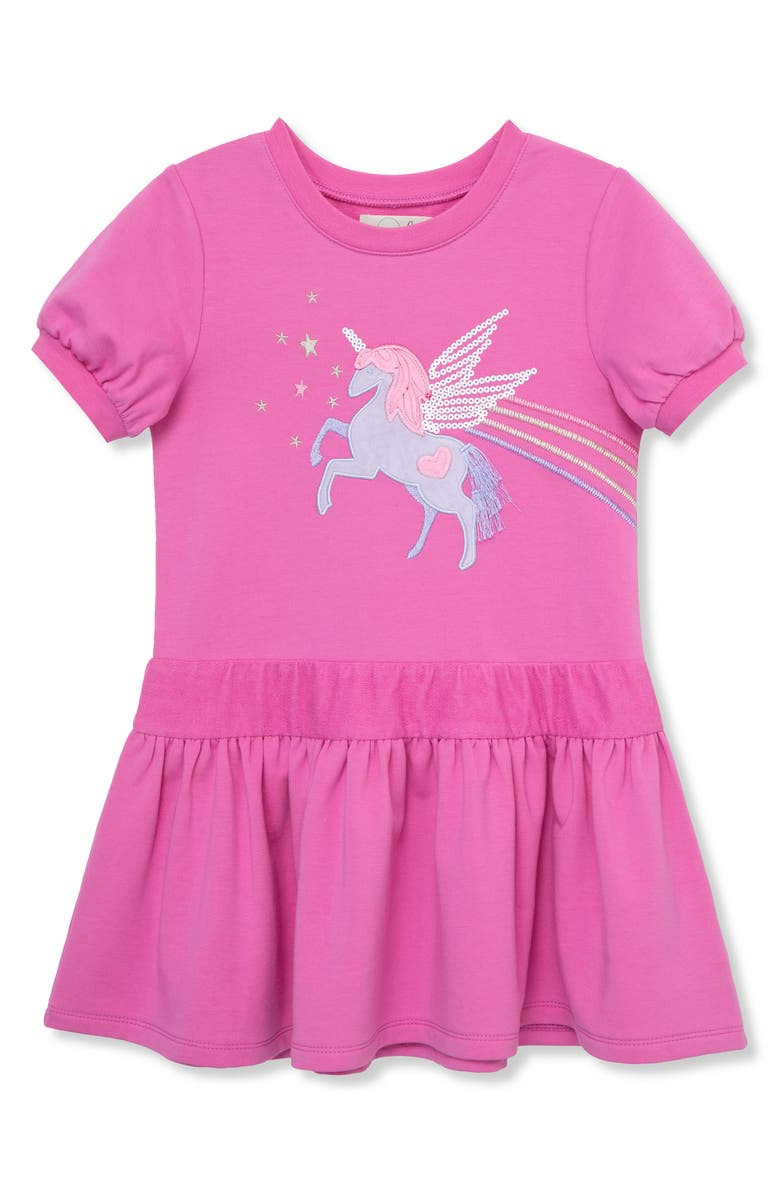 Peek Aren't You Curious Kids' Sequin Unicorn Appliqué Dress, Main, color, Pink