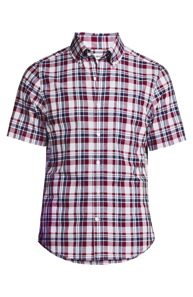 Lands' End Traditional Fit Short Sleeve Madras Shirt, Alternate, color, Burgundy Spritz Madras