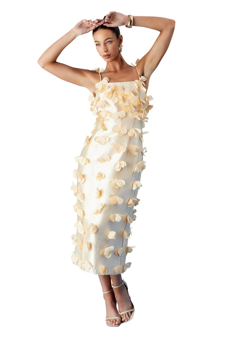 3D Flowers Strappy Satin Midi Dress, Main, color, Yellow