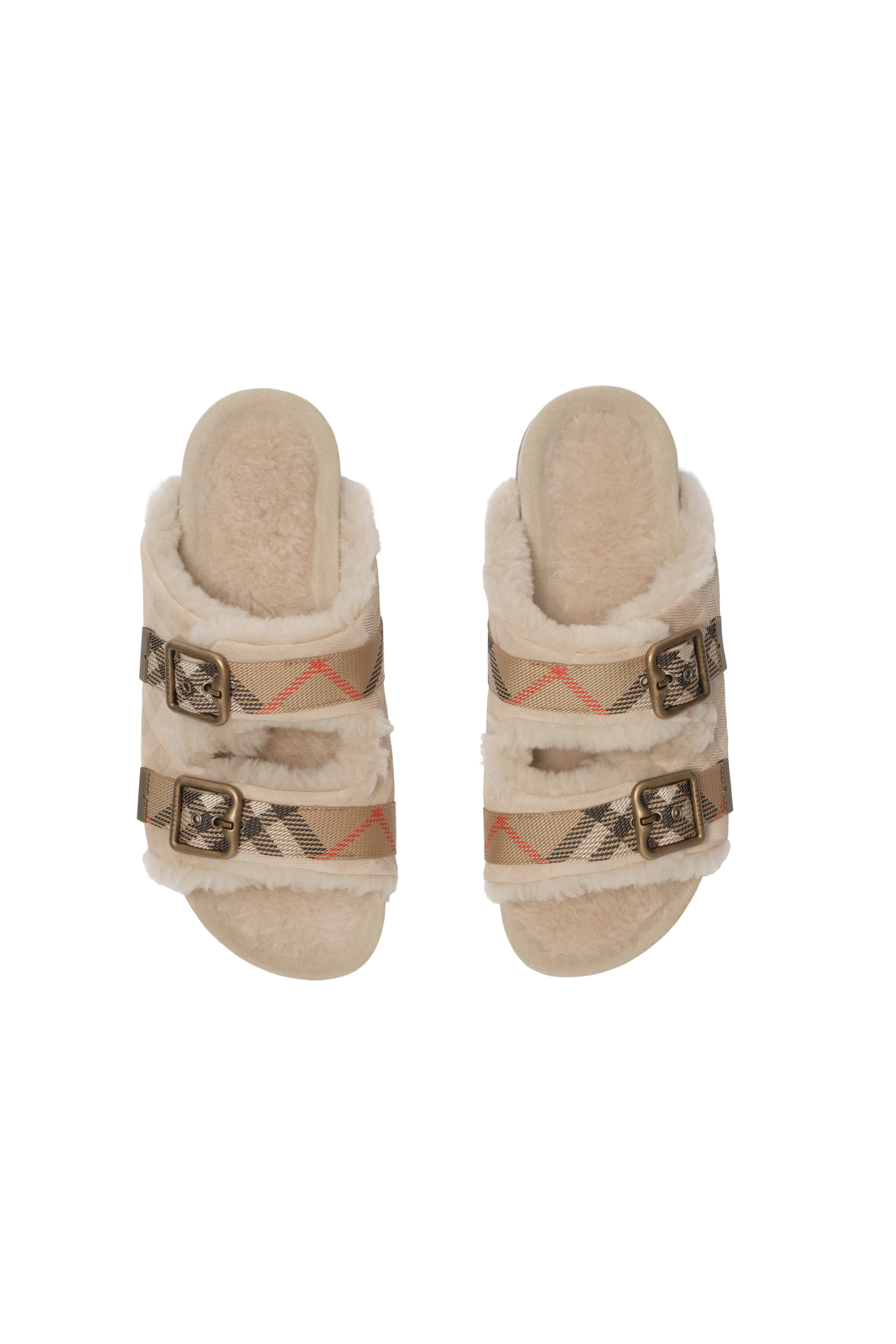 Burberry Check Shearling Urchin Sandals, Alternate, color, Blonde Beige