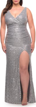 La Femme Stretch Sequin Plus Size Gown with Slit and V Neck
