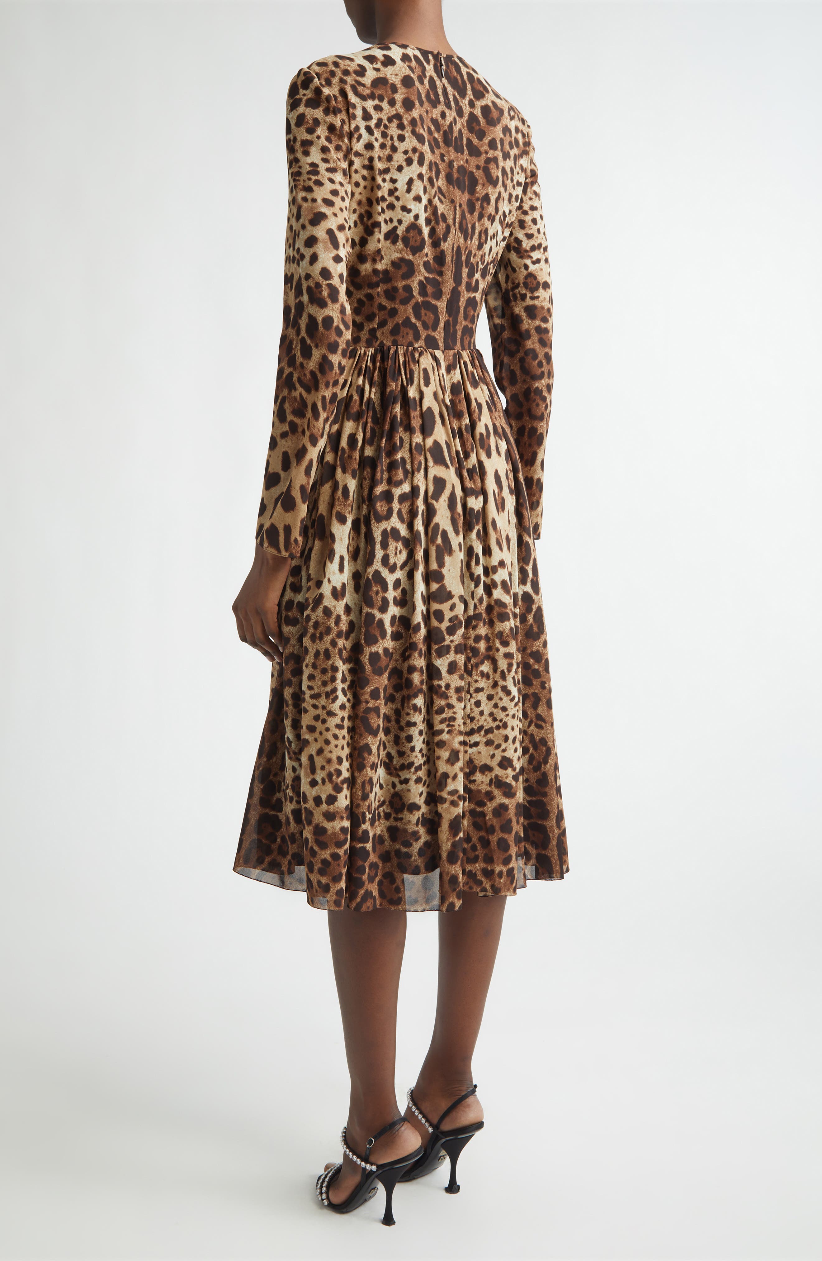 Dolce&Gabbana Leopard Print Long Sleeve Stretch Silk Midi Dress (Women ...