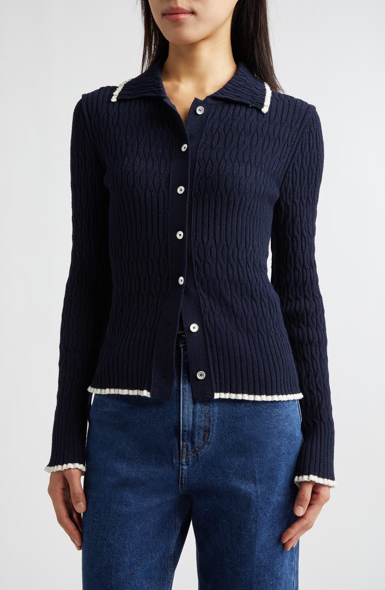 EENK Contrast Trim Pointelle Cable Knit Cardigan, Main, color, Navy