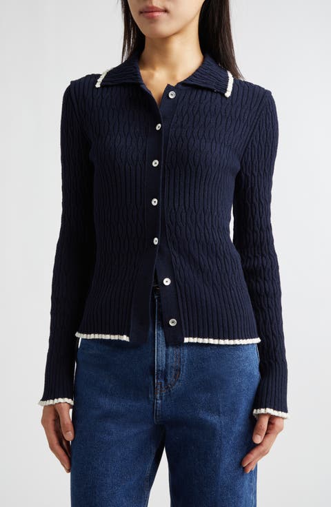 Contrast Trim Pointelle Cable Knit Cardigan