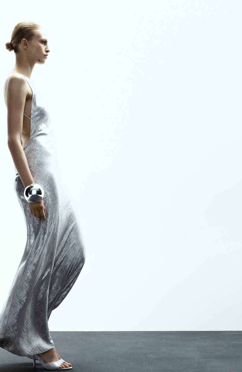 MANGO x Kaia Gerber Metallic Open Back Gown, Alternate, color, Silver