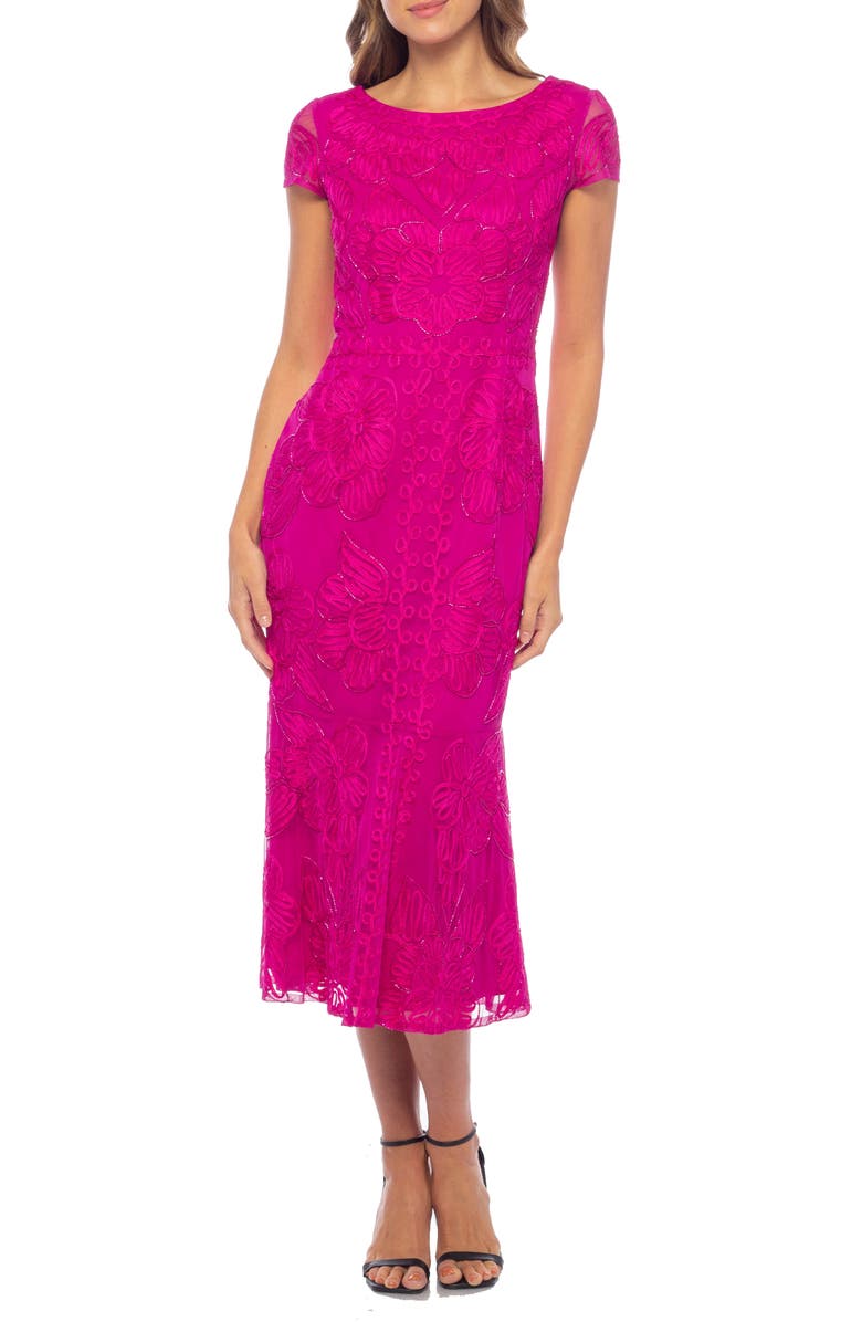Marina Beaded Soutache Cap Sleeve Midi Dress, Main, color, Fuchsia