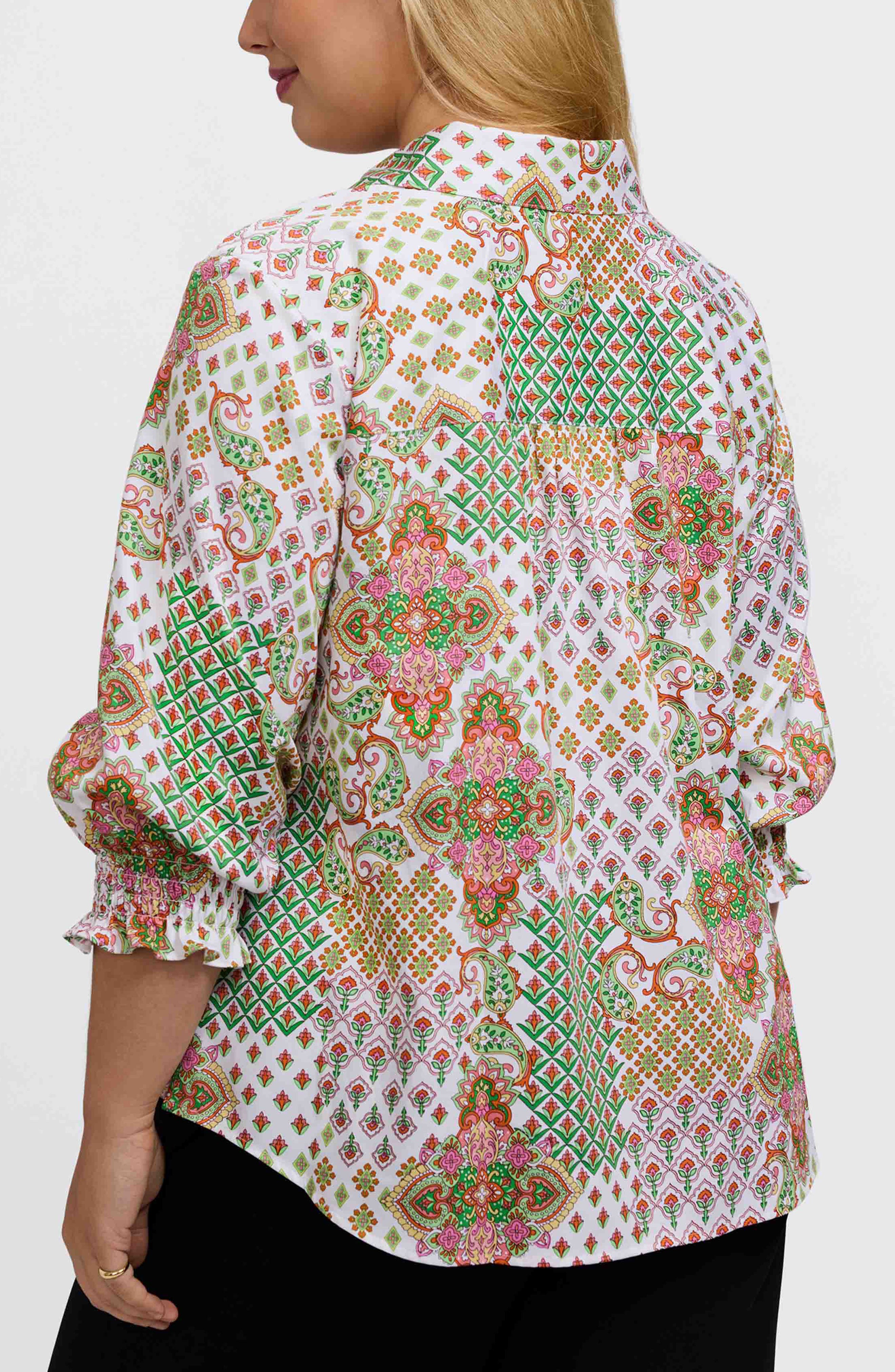 Olivia Patchwork Print Smocked Cuff Cotton Button-Up Shirt - image 2