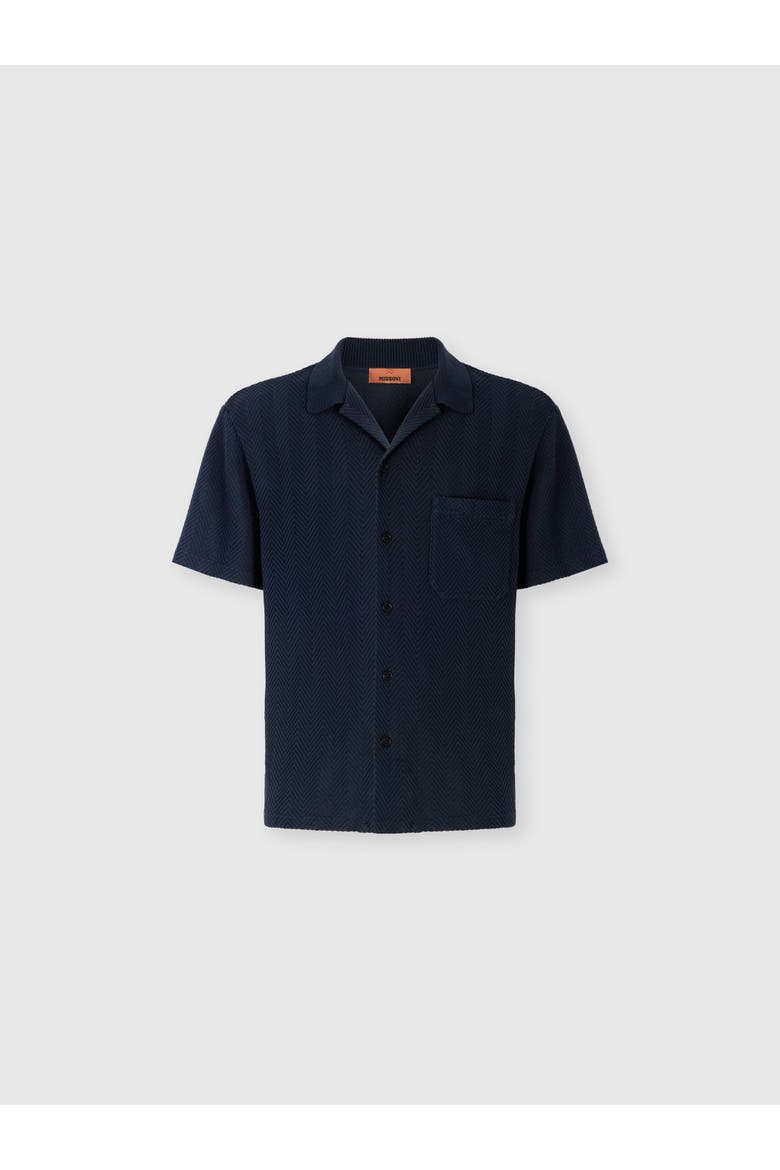 Tone-on-tone Chevron Cotton And Viscose Bowling Shirt, Main, color, Blue