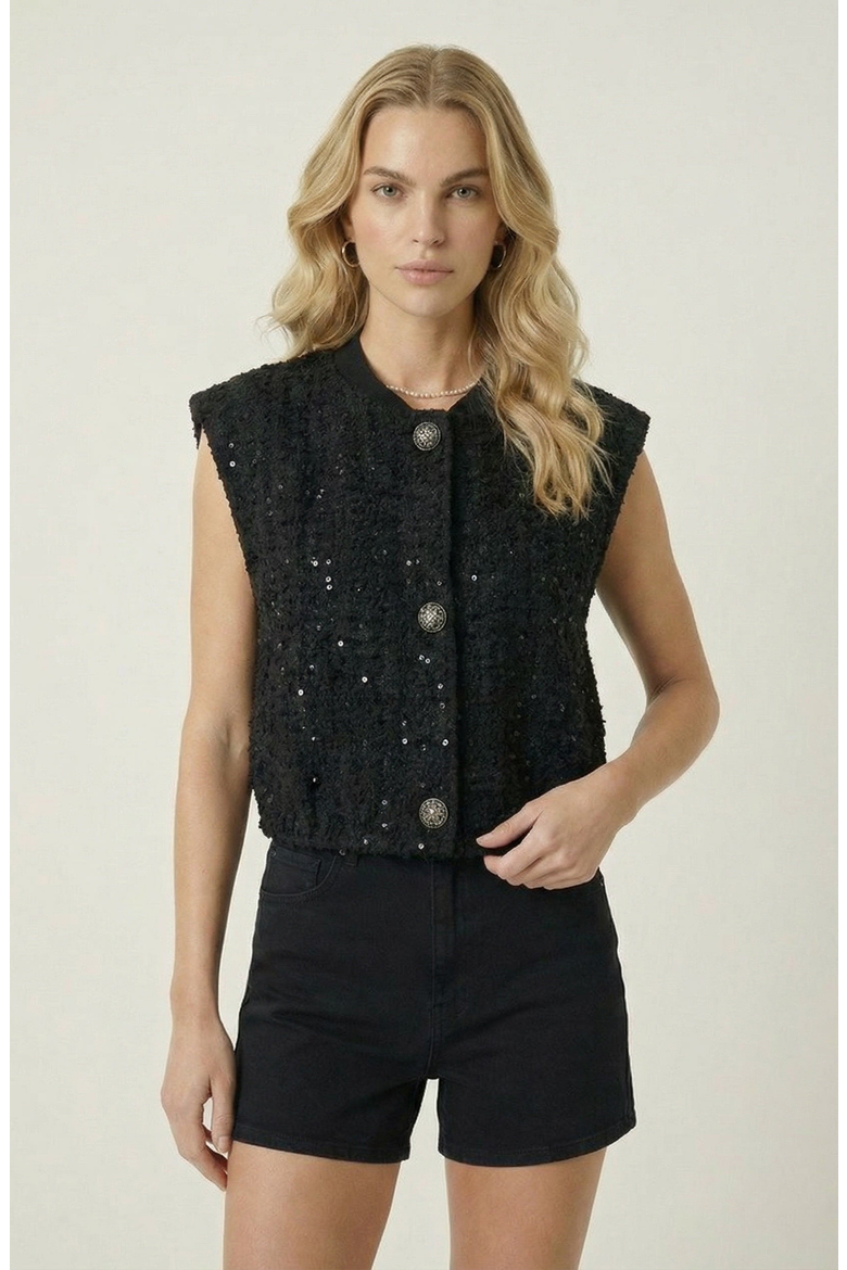Sleeveless Statement Buttons Textured Top, Main, color, Black