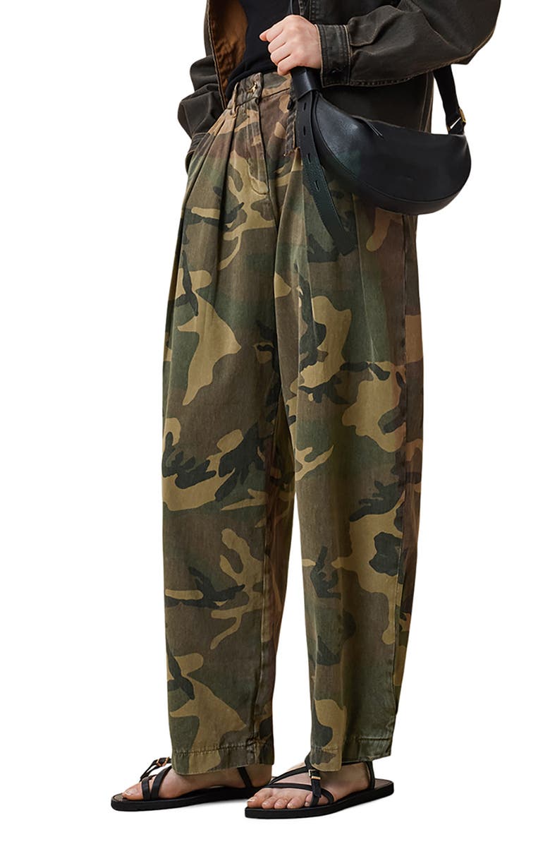 AllSaints Becca Camo Pleated Cotton Trousers, Alternate, color,
