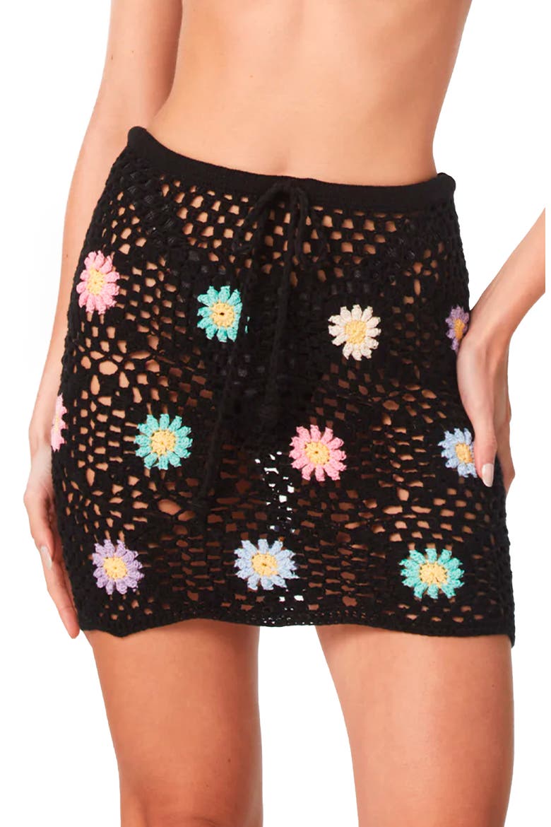 Vivi Granny Square Crochet Cover-Up Miniskirt, Main, color, BLACK
