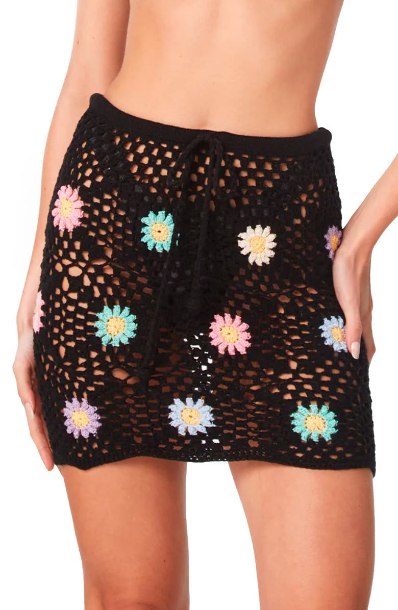 Capittana Vivi Granny Square Crochet Cover-Up Miniskirt, Main, color, Black