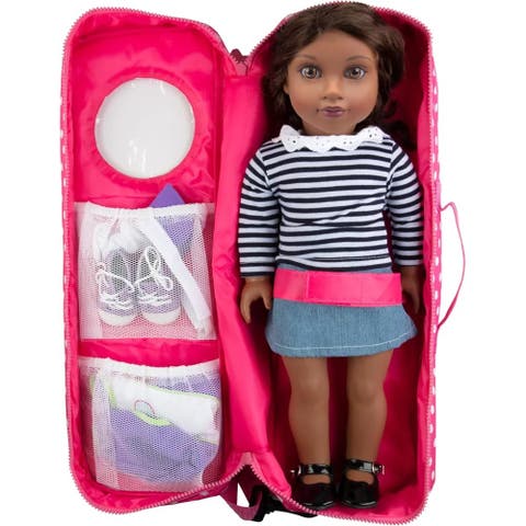 Doll Storage Carrying Case Pink Polka Dot Compatible with 18" American Girl Dolls - Organizer Travel Case w Clear Window, Zipper & Strap - Gift for Kids