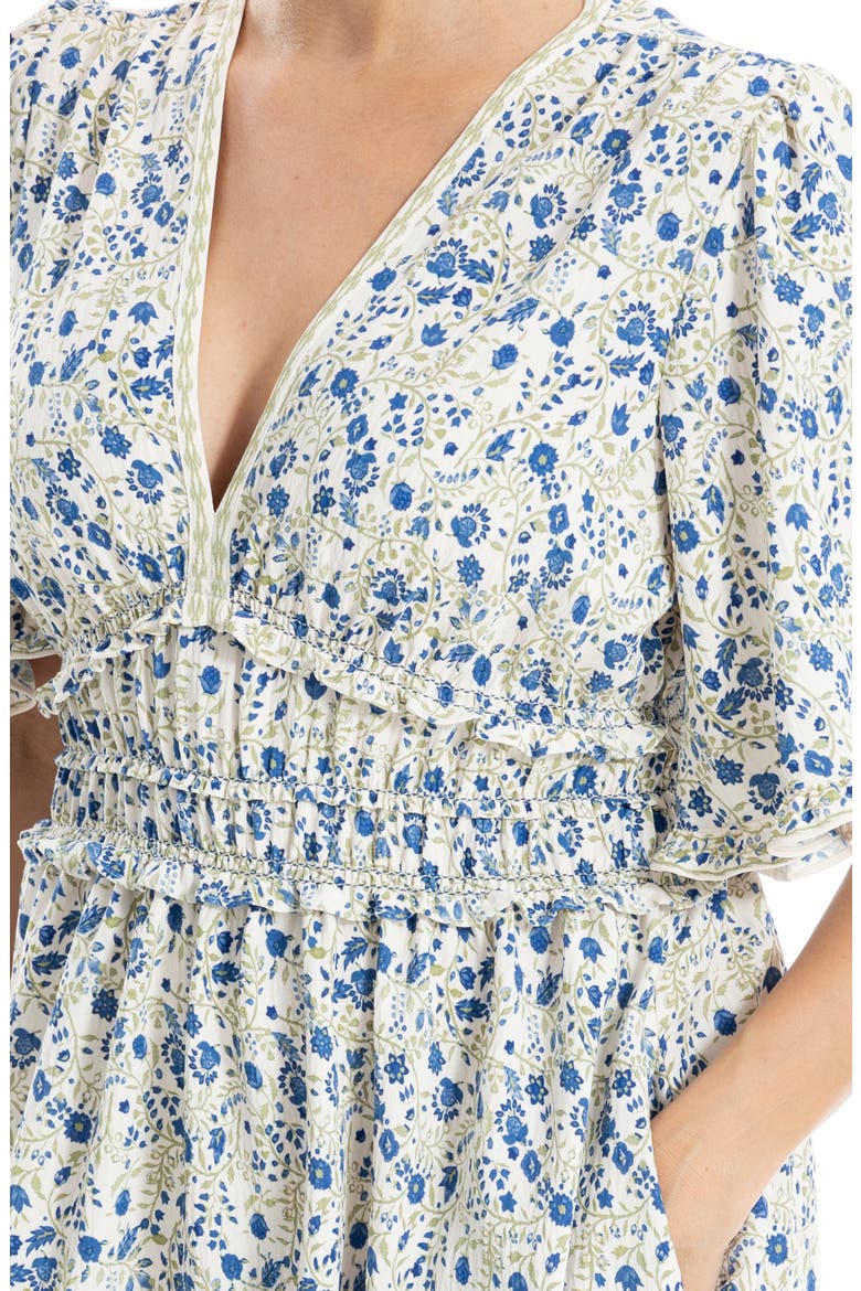 Ruffle Short Sleeve Fit & Flare Dress, Alternate, color, CREAM/ BLUE WHIMSICAL PETALS